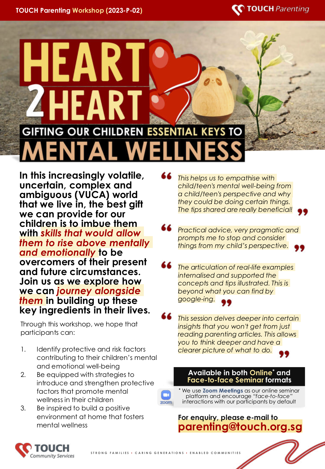 Flyer for TOUCH Parenting Workshop titled Heart 2 Heart on gifting children essential keys to mental wellness.